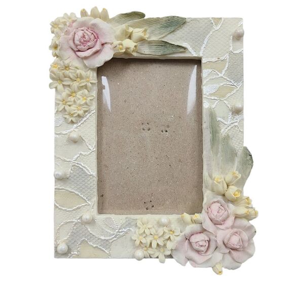 FLORAL 3D Embellished Floral & Pearl Ceramic Photo Picture Frame - Picture 1 of 14